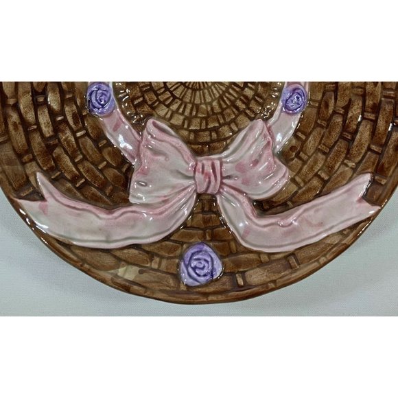 Vintage OCI Bonnet Plate Ceramic 8" Brown Basket-Weave Hat Spring Easter Flowers - Picture 2 of 7